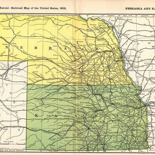 1903 Antique Nebraska and Kansas Railroad Map Union Pacific Missouri Pacific Atchison Topeka Santa Fe Chicago Northwestern Railroad 12585