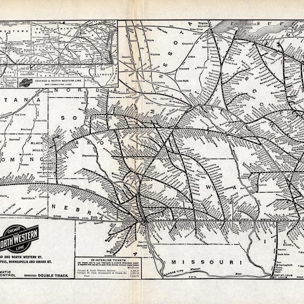 Antieke kaart van de Chicago Northwestern Railway uit 1934. Kaart van de Chicago Northwestern Railway. Verjaardagscadeau voor een spoorwegverzamelaar. 4197