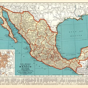 1938 Vintage Mexico Map Antique Atlas Map of Mexico Gallery Wall Decor Teacher Gift for Birthday Wedding Anniversary 3400