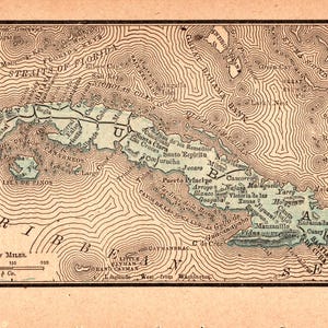 1888年製 小さなキューバ地図 アンティークミニチュアキューバ地図 ギャラリー 壁飾り ハネムーンギフト 記念日 結婚式 誕生日 3258