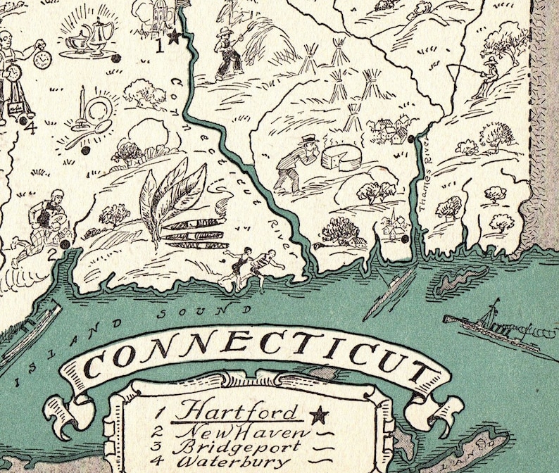 1930s Antique Animated Connecticut State Map Blue Cartoon Map Wall Art Housewarming Gift for Anniversary Wedding Birthday 10551
