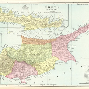 1901 Antike Karte vonZypern und Crete Griechenland Galerie Wanddekor George Cram Atlas Karte Strand Haus Ocean Decor Geschenk 11786