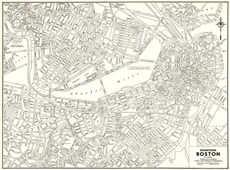1939 Antique BOSTON City Map of Boston Massachusetts Street Map Wall Art Gift for Wedding Graduation Birthday Anniversary 8423