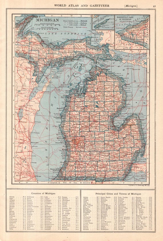 1921 Antique MICHIGAN State Map Vintage Map of Michigan Gallery Wall Art Gift for Anniversary Teacher Birthday Wedding 3827