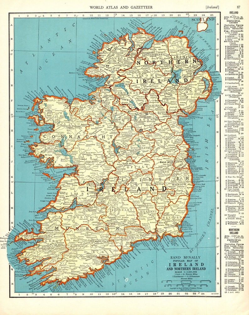 1943 Antique IRELAND Map Vintage Map of Ireland  Gallery Wall Library Decor Anniversary Gift for Birthday Wedding 12798