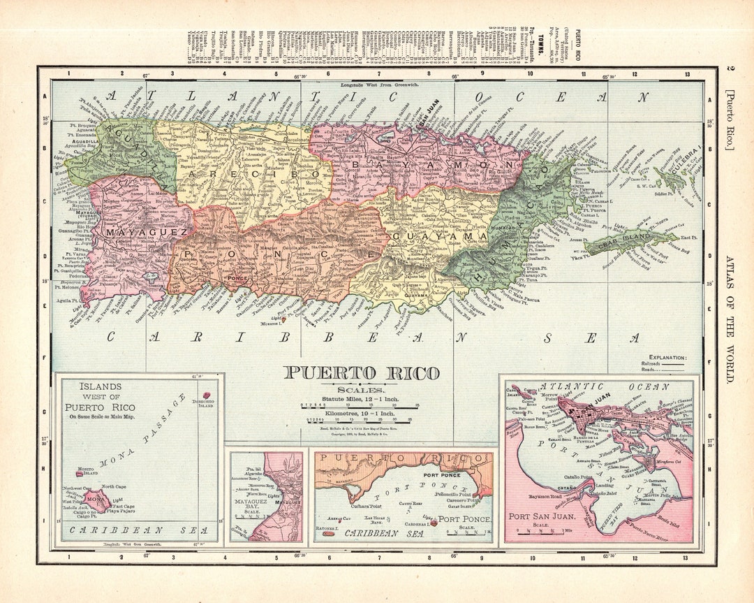 1899 Antique PUERTO RICO Map Vintage Map of Puerto Rico Gallery Wall