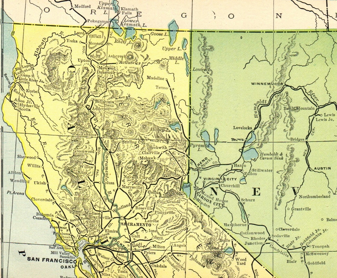 1908 Antique California and Nevada Railroad Map Rare  Etsy