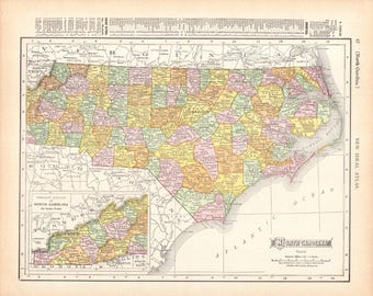 Antik karta över North Carolina från 1909, väggdekoration, födelsedagspresent, bröllopsdag, resa, examen, 3338