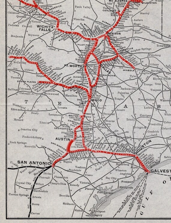 Mkt Railroad Route Map 1923 Antique Mkt Railway Railroad Map Missouri Kansas Texas | Etsy