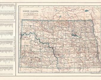 Antik karta över North Dakota från 1925, vintagekarta över North Dakota, tavelvägg, heminredning, present till bröllopsdag, födelsedag, 3792