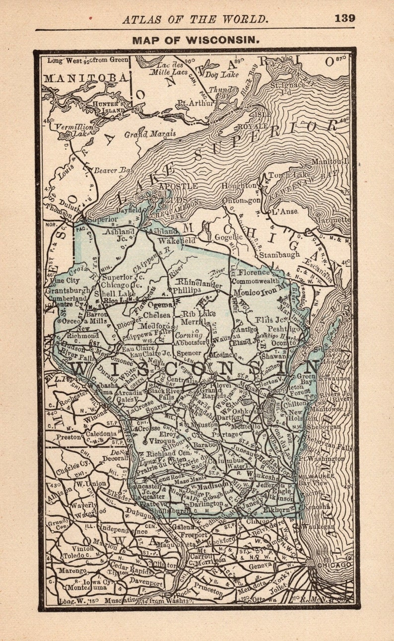 1888 Tiny Wisconsin State Map Vintage Miniature Map of - Etsy