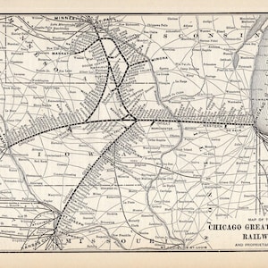 Mapa antiguo del ferrocarril Great Western de Chicago de 1908 Mapa de ferrocarril vintage Arte mural Regalo de cumpleaños para papá 2843