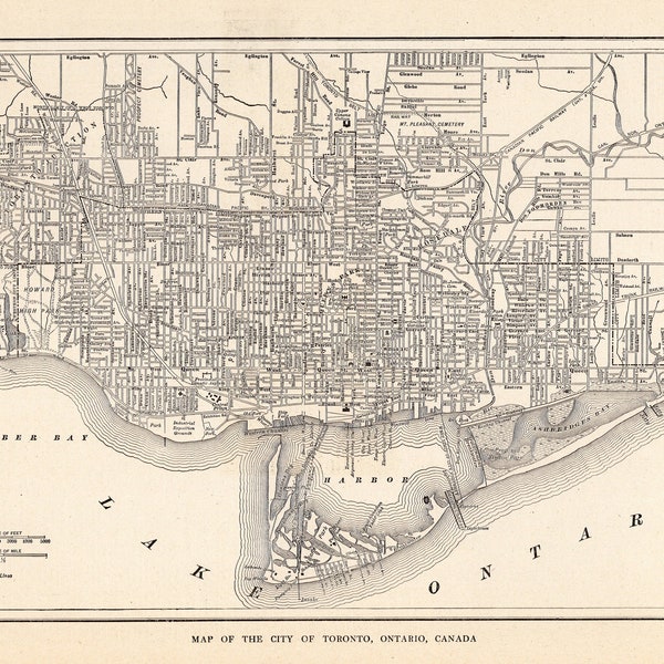 Carte de la ville de TORONTO antique de 1923, plan des rues de Toronto, Canada, galerie, décoration murale, bureau, cadeau pour anniversaire, mariage, 2267