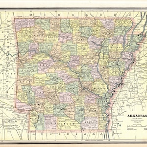 1888 Antique ARKANSAS State Map George Cram Atlas Map of Arkansas Gallery Wall Decor Teacher Gift for Birthday Wedding Anniversary 2037