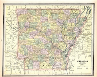 1888 Antique ARKANSAS State Map George Cram Atlas Map of Arkansas Gallery Wall Decor Teacher Gift for Birthday Wedding Anniversary 2037