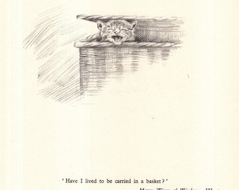 Vintage Kitten Cat In A Basket Print 1930s Shakespeare Quote Have I lived To Be Carried In A Basket 12300g