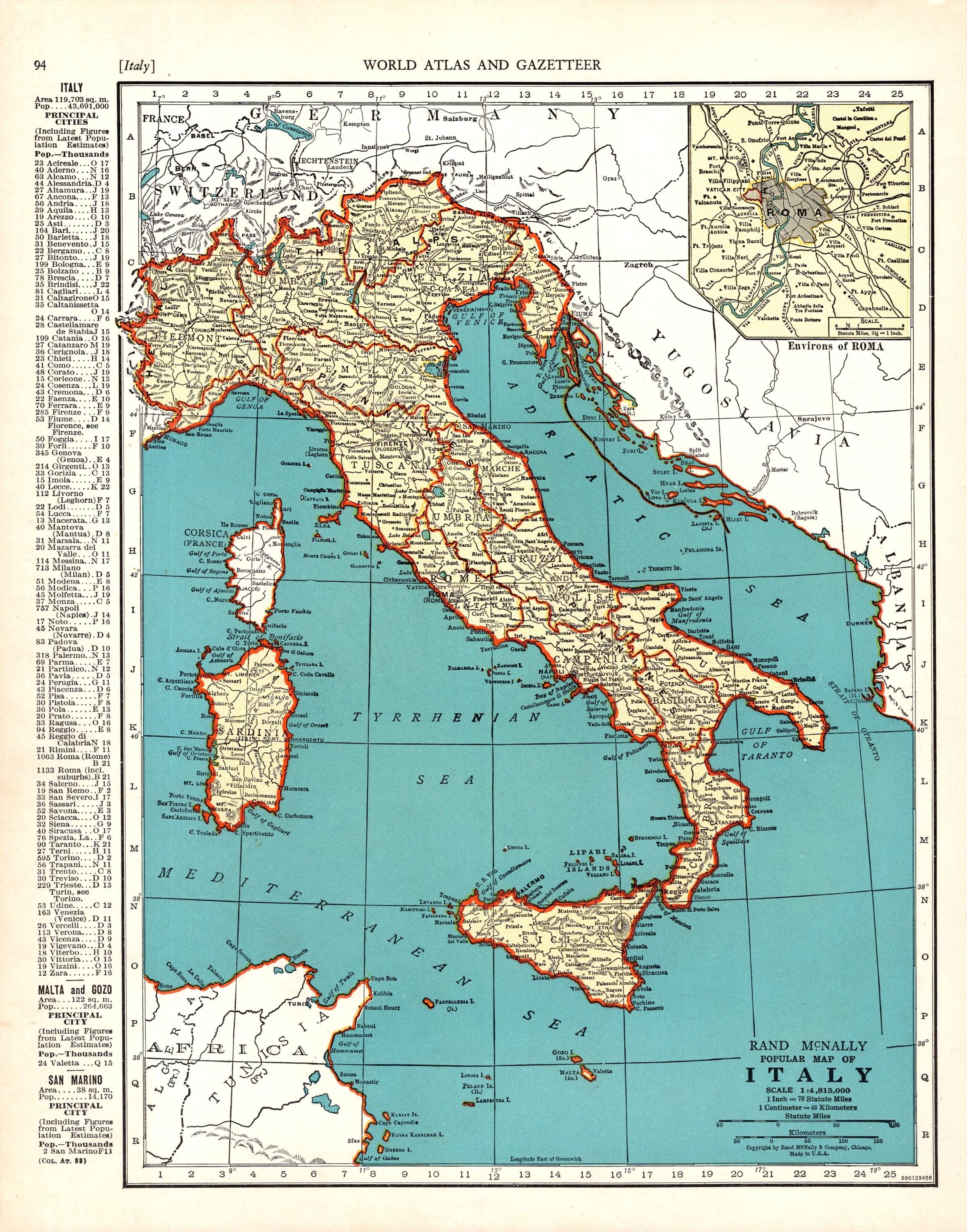 Mappa antica dell'Italia del 1939, mappa atlante d'epoca degli anni '30, decorazione da parete per galleria, regalo di anniversario per laurea, compleanno, matrimonio 3304