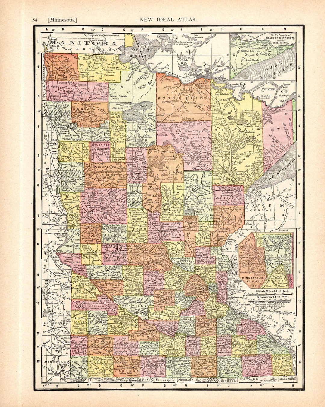 1909 Antique MINNESOTA State Map Vintage Map of Minnesota Gallery Wall