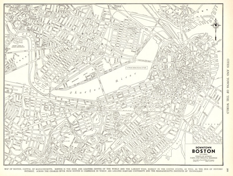 1939 Antique BOSTON City Map of Boston Massachusetts Street Map Wall Art Gift for Wedding Graduation Birthday Anniversary 8423