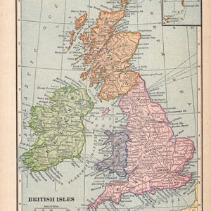 May include: An antique map of the British Isles, featuring Ireland, Great Britain, and surrounding islands. The map is colored with shades of green, pink, and brown, with text indicating cities and geographical features. The title "British Isles" is at the bottom.