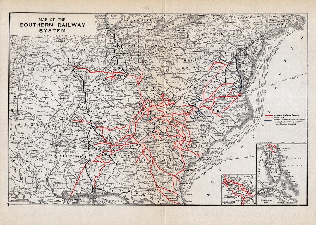 1923 Antique Southern Railway System Map Southern Railroad Map Birthday ...