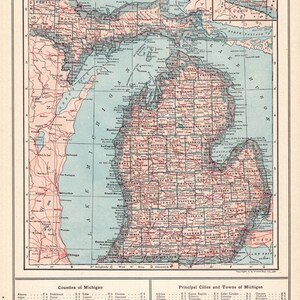 Carte vintage de l'État du MICHIGAN de 1921, carte du Michigan, art mural, cadeau pour anniversaire de mariage de professeur, 3251