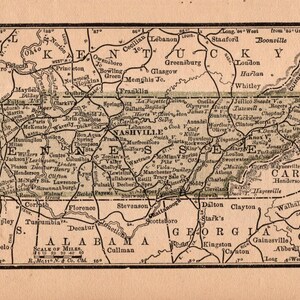 Petite carte de l'État du Tennessee, 1888, carte vintage du Tennessee, carte MINIATURE, galerie, décoration murale, cadeau d'anniversaire pour mariage 3259