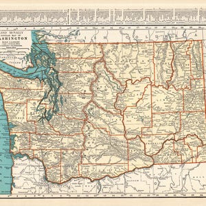 Carte vintage 1936 de l'État de WASHINGTON de la galerie de Washington, décoration murale, cadeau d'anniversaire pour un anniversaire de mariage 2821