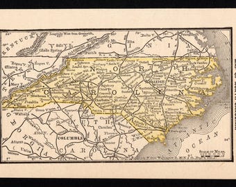 1888 Liten karta över North Carolina Antik karta över North Carolina, delstatskarta MINIATYRKARTA, North Carolina, presentgalleri, väggdekoration 3524