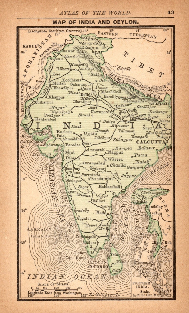 1888 Miniature INDIA Map Vintage Map of India Gallery Wall Art Office Decor Gift for Traveler Graduation Wedding Birthday 11348