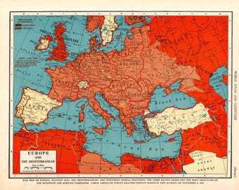 Mappa antica dell&#39;Europa in tempo di guerra del 1943, mappa d&#39;epoca dell&#39;Europa, mappa del Mar Mediterraneo, mappa dell&#39;occupazione, mappa della guerra dell&#39;Asse sovietico 3393
