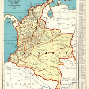 May include: A vintage Rand McNally map of Colombia featuring a pale yellow landmass with orange borders, blue oceans, and black text labels for cities, rivers, and regions. The page includes a gazetteer list of principal cities on the right side.