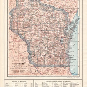 1914 Antique WISCONSIN State Map Vintage Map of Wisconsin Gallery Wall Decor Anniversary Gift For Birthday Wedding 3146