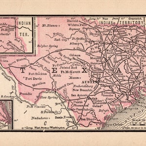 Petite carte de l'état du Texas, 1888, ancienne carte miniature du Texas, galerie de cartes, décoration murale, cadeau d'anniversaire pour voyageur, anniversaire de mariage, 2360