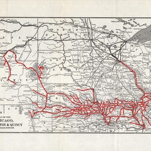Mapa antiguo del sistema ferroviario de Chicago, Burlington y Quincy de 1913. Mapa ferroviario vintage. Regalo de cumpleaños para papá. Aniversario 2610.
