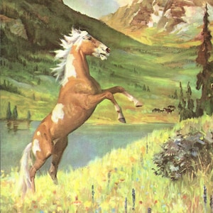 Mustang paard jaren 1950 afdrukken kunst aan de muur decor Wesley Dennis paard illustratie westerse kunst decor voor meisjes kamer verjaardagscadeau wd 11314w