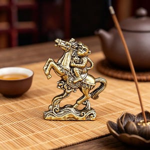Könnte beinhalten: Eine messingfarbene Metallfigur, die einen Affen auf einem steigenden Pferd darstellt. Die Skulptur weist detaillierte Verzierungen am Sattel und an der Mähne des Pferdes auf, wobei der Affe auf dem Rücken des Pferdes sitzt. Der Sockel ist mit wirbelnden Mustern gestaltet.