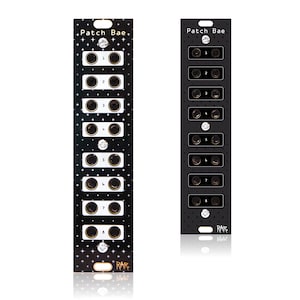 May include: Two black and white electronic modular synth panels. The panels have multiple black buttons and white accents. The text "Patch Bae" is at the top of each panel. The panels have a star pattern and the text "RAR" at the bottom.