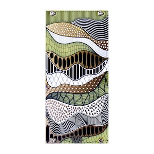 May include: Abstract art piece with a layered design. The artwork features a mix of gold, white, black, and brown patterns on a green background. The piece is rectangular and secured with silver screws.