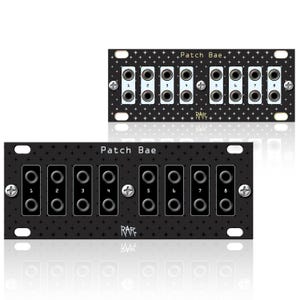 May include: Two black modular synthesizer panels with the text "Patch Bae" and numbered input jacks. The panels have a star pattern background and are secured with silver screws. The RAR logo is also visible.