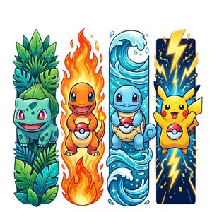 May include: Four vertical rectangular panels featuring cartoon characters. The first shows a green creature with leaves, the second an orange creature surrounded by flames, the third a blue creature with water, and the fourth a yellow creature with lightning.