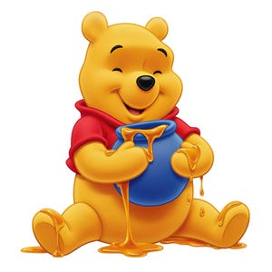 May include: A yellow bear character wearing a red shirt, sitting down and holding a blue pot filled with golden honey. The honey is dripping from the pot onto the bear's paws and down onto the floor, creating a sticky, sweet scene.