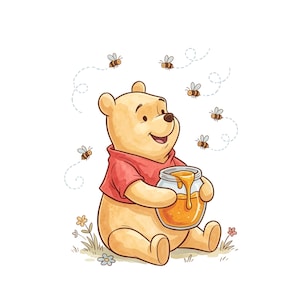 May include: A light yellow bear with a red shirt sits on the ground holding a glass jar filled with golden honey. Several small bees with wings fly in circular patterns around the bear, and small colorful flowers grow in the grass.