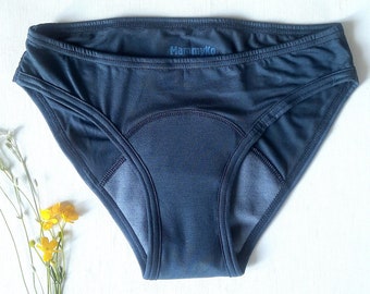 Period panties of Lyocell (Tencel TM) with merino wool gusset. Menstrual undies for Women & Teens. Underwear for Incontinence. Blue