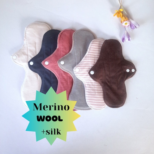 No PUL Merino Wool / Silk Reusable Period Pads. Menstruating Pad without PUL. Incontinence Pads. 1 piece.