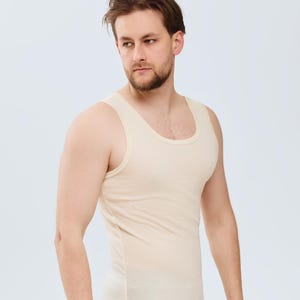 メリノウール/シルクのノースリーブTシャツ。メンズオーガニックサーマルタンクトップ。Aシャツ。