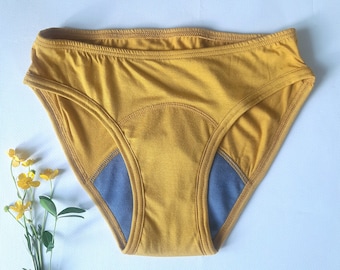 Period panties of Lyocell (Tencel TM) with merino wool gusset. Menstrual undies for Women & Teens. Underwear for Incontinence. Yellow