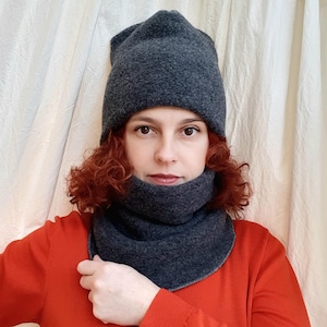 Unisex Merino Wool fleece snood and hat. Double warm gaiter and beanie for men or women. Adult thick winter neck and head warmer. Grey