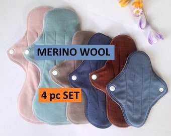 Set of No PUL 100% Merino Wool Reusable Period Pads.  Cloth pads starter set of 4 pc. Menstrual Pads without PUL. Incontinence Pads.