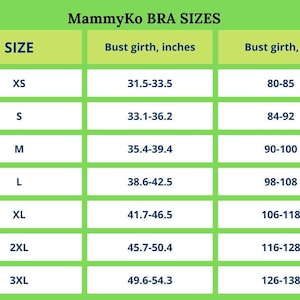 Op de afbeelding: Een tabel met bh-maten in inches en centimeters. De tabel bevat de maten XS, S, M, L, XL, 2XL en 3XL. De tabel toont de borstomvang in inches en centimeters voor elke maat.